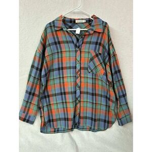 Size XL Lovesoft Womens Plaid Button Down Shirt 100% Cotton Blue Orange